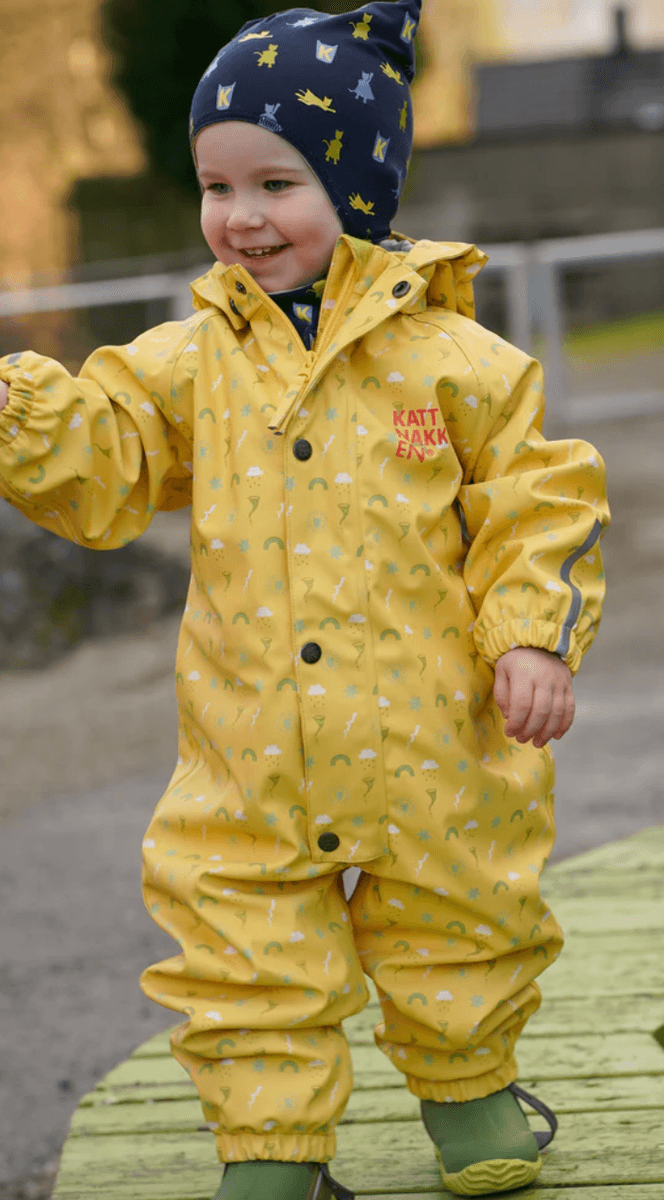 Kattnakken Babyregndress dugg bananskum