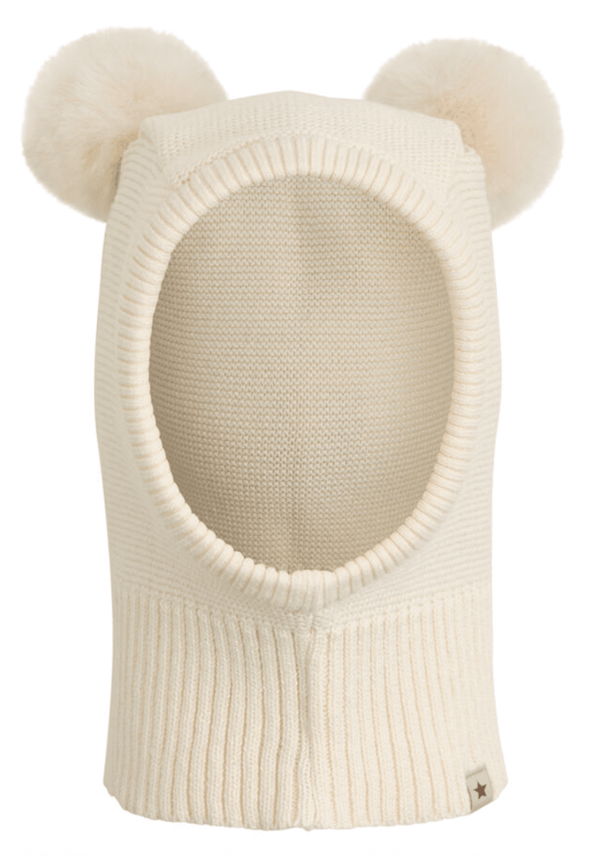 Huttelihut Balaklava pompoms bomulls strikk  antique white