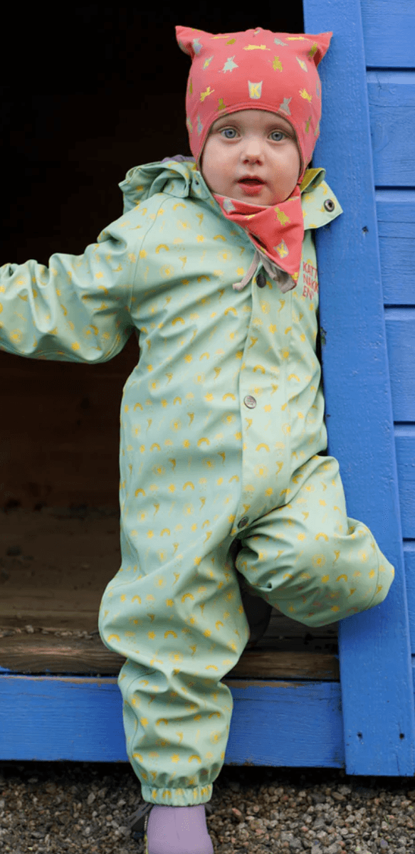 Kattnakken Babyregndress dugg jane pistasj